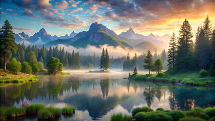 Lush Forest Lake and Mountains.