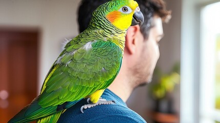 A vibrant parrot perched on a man's shoulder, showcasing a delightful bond between pets and their owners in a cozy indoor setting.