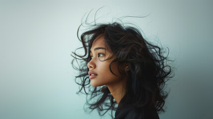 Fototapeta premium beautiful asian woman, cool pose, profile view, wind-blown hair, head photo, white background