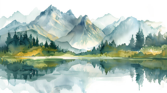  Watercolor beautiful  green spring lake and mountains landscape illustration on white background