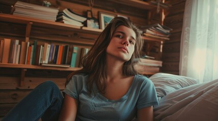 Fototapeta premium Photo of a young woman near a bookshelf in her bedroom, relaxing.
