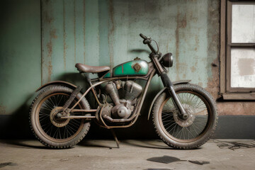 Antigua motocicleta oxidada en un espacio vintage