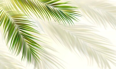 Obraz premium Tropical palm leaves with shadow on white background. Minimalist nature backdrop for summer, vacation, or tropical theme design.