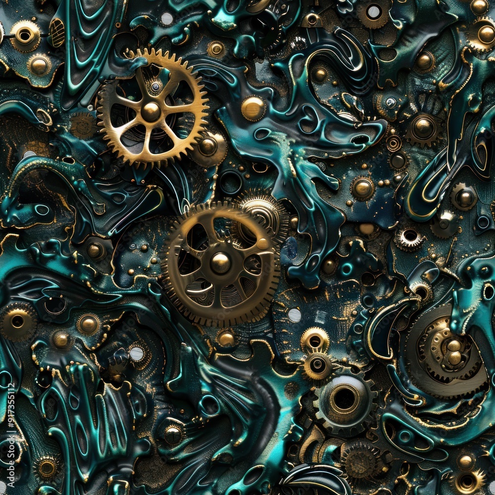 Canvas Prints abstract steampunk pattern with teal and gold gears.