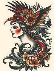 Fototapeta premium Womans Head with a Phoenix traditional tattoo illustration