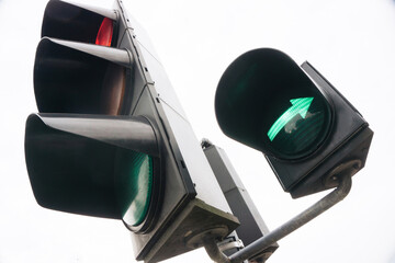 Red traffic light signal. Permission to drive right dirrection. Smart traffic light. City crossing...