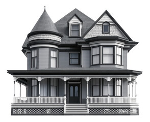 Fototapeta premium Victorian-style house with turret and wraparound porch, cut out - stock png.