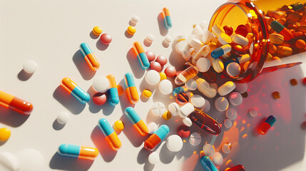 An overhead shot of colorful capsules and tablets spilling out of an overturned pill bottle onto a white surface, creating a visually striking and chaotic composition. , photo of p