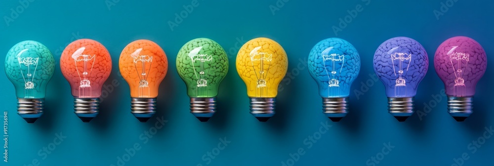 Canvas Prints Colorful Light Bulbs Representing Creative Thinking and Innovation - A row of light bulbs, each a different color, with a brain design symbolizing creativity, innovation, ideas, thinking, and inspirat