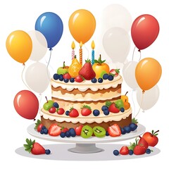 Festive birthday, anniversary, wedding cake celebration concepts, delicious strawberry biscuit cake torte dessert with fresh berries and butter cream, decoration with colorful sweet and candle