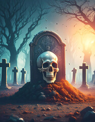 Illustration of a cemetery at night with a skull, image for Halloween party advertising and posters