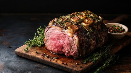 Grassfed Prime Rib Roast with Fresh Herbs on Rustic Wood Board