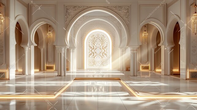 Modern architecture mosque and white luxury golden interior design background