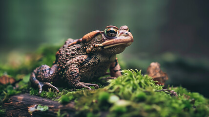 Obraz premium A close-up real photo of a toad sitting on a mossy log in a forest