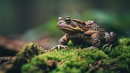 Fototapeta premium A close-up real photo of a toad sitting on a mossy log in a forest