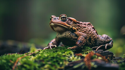 Fototapeta premium A close-up real photo of a toad sitting on a mossy log in a forest