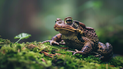 Obraz premium A close-up real photo of a toad sitting on a mossy log in a forest
