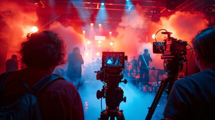 Entertainment and Media Design an image of a music and film production scene performing arts events and media communications in action stylize 250 ar 169 v 6