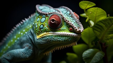 Obraz premium A chameleon looks intently at the camera, highlighting its colorful skin.