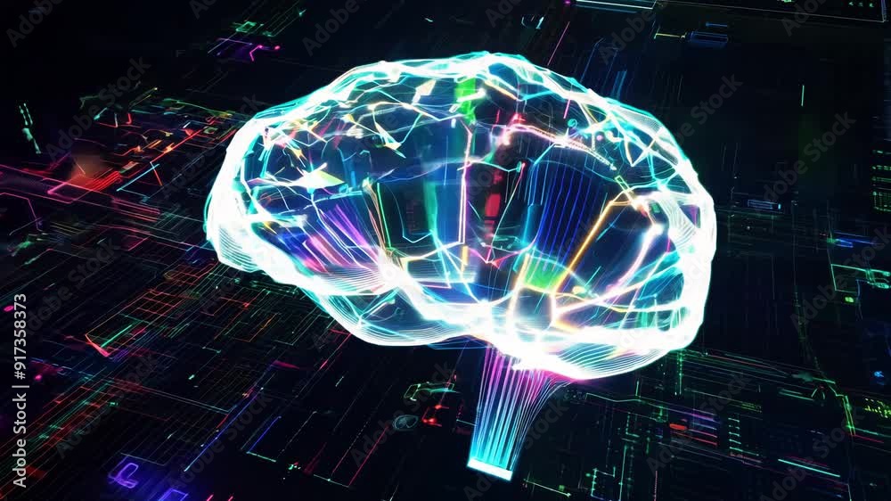 Poster Digital holographic AI brain science concept. Artificial intelligence brain network