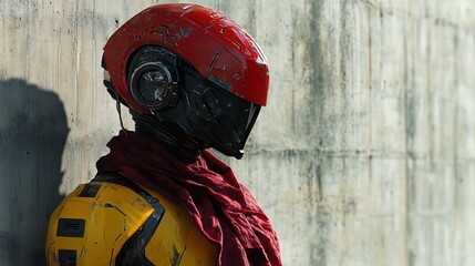 Obraz premium Futuristic Warrior in Sleek Red Helmet: Dynamic Cyberpunk Poster for Modern Sports Interiors - Bold Yellow Armor and Flowing Crimson Scarf Ignite Intensity and Motion