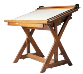 Wooden drafting table with adjustable surface in a well-lit workspace, cut out - stock png.
