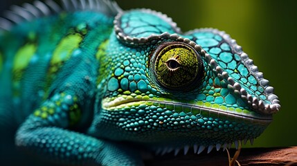 Fototapeta premium Close-up image of a chameleon featuring a blend of green and blue colors.