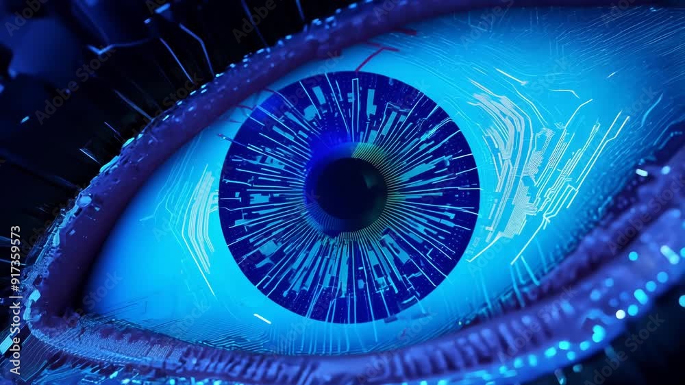 Aufkleber technology and science concept with cyber eye and circuit board depicting development of artificial 