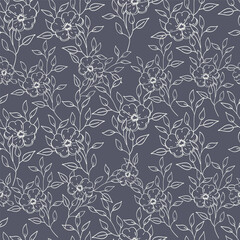 Hand drawing floral seamless pattern with cotton twigs and berries bouquets on a beige background. Winter Christmas themed background. Botanical illustration
