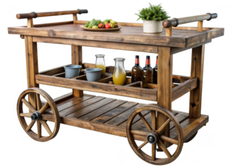 Rustic Wooden Bar Cart on a transparent background.