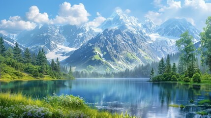 Fototapeta premium Nature and Landscapes Illustrate a breathtaking scenic view of a mountain range with a serene lake in the foreground showcasing natural beauty and seasonal changes stylize 250 ar 169 v 6