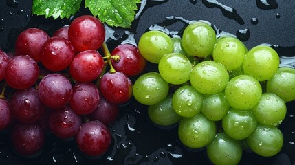 Fresh Red and Green Grapes with Water Droplets - A close-up image of two bunches of grapes, one red and one green, with water droplets on their surface, symbolizing freshness, health, and deliciousnes