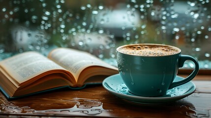 Fototapeta premium A cozy scene of a coffee cup and an open book on a table, with rain pouring down the window, capturing the essence of a delightful rainy day, natural light, soft focus. --ar 16:9 --v 6.0