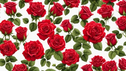 Fototapeta premium Lots of red roses in full bloom on a white background.