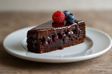 Closeup of a chocolate cake slice with delicious glaze and berries on a white plate isolated on transparent background