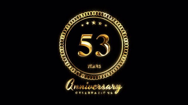 53rd Anniversary Celebration. Happy 53 Years Anniversary Animation in Gold Color on the Transparent Background, Alpha Channel. Great for greetings, celebrations, events, and gifts.