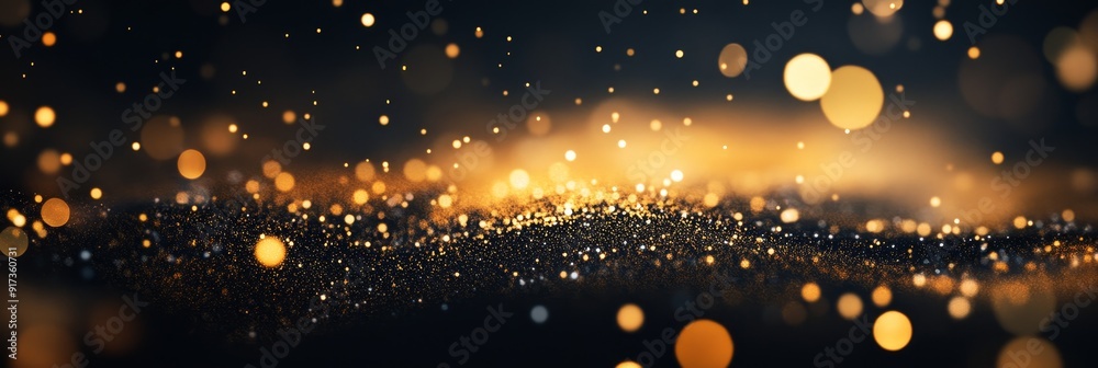 Wall mural Golden Glitter Lights Abstract Background - Abstract background with glowing golden glitter and bokeh lights on a black background, symbolizing celebration, magic, hope, happiness, and luxury.