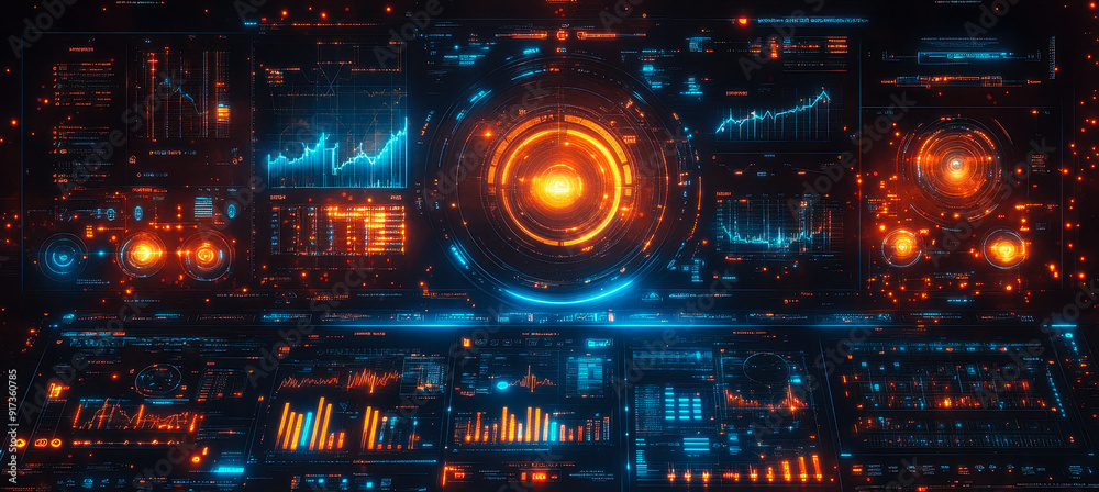 Poster futuristic ai-powered project management dashboard visualizing key performance indicators and metric