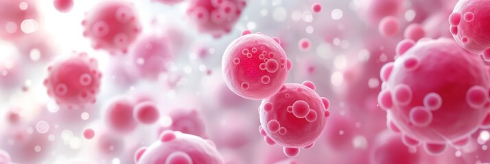 A close-up view of pink and magenta microbiological cells floating against a soft, light background