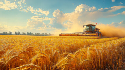 Obraz premium Golden Wheat Harvesting with Combine Harvester at Sunset in Rural Field; Agricultural Machine in Farmland During Summer; Concept: Agribusiness, Organic Farming, and Countryside Productivity