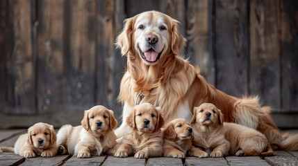 A touching portrait of a Golden Retriever sitting next to five puppies on a wooden background. All the dogs appear calm and content