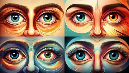 Collection of illustrated cartoon eyes of different people and colors 