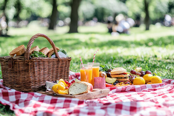 Charming Summer Picnic: A Basket of Sandwiches, Fresh Fruits, and Refreshing Juices Set on a Checkered Cloth with a Serene Park Backdrop.