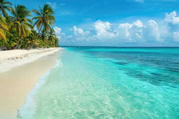 Fototapeta premium Discover the ultimate tropical escape with palm-fringed white sands, crystal clear turquoise waters, and a serene, breathtaking ocean view.