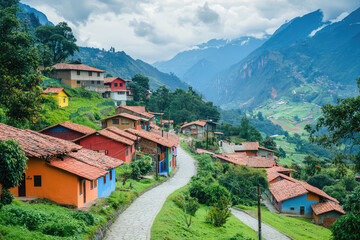 Fototapeta premium Discovering the picturesque mountain village alive with vibrant houses and surrounded by lush landscapes and majestic mountain ranges.