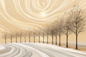 Fototapeta premium Elegant line art of bare autumn trees creating intricate lace-like patterns in a monochrome grove at sunset