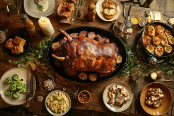A grand feast laid out on a rustic wooden table featuring a succulent roast, delectable sides, and delightful bread rolls creates a warm and inviting atmosphere.