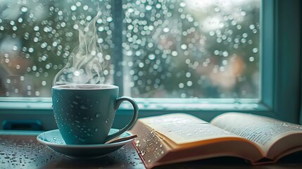 A detailed shot of a steaming coffee cup and an open book on a table, with raindrops on the window in the background, highlighting the cozy and peaceful storytelling vibe, natural light, soft focus.