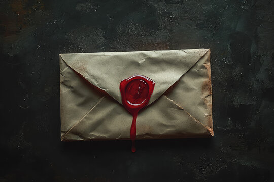 A vintage envelope sealed with red wax, evoking intrigue and mystery, set against a dark, textured background. What secrets does it contain?