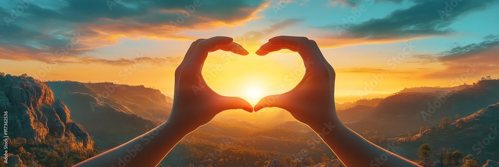 Sticker Love for Nature: Sunset Heart Shape with Mountain View - A pair of hands forming a heart shape frame a beautiful sunset over a mountain range. This image symbolizes love, appreciation for nature, hope